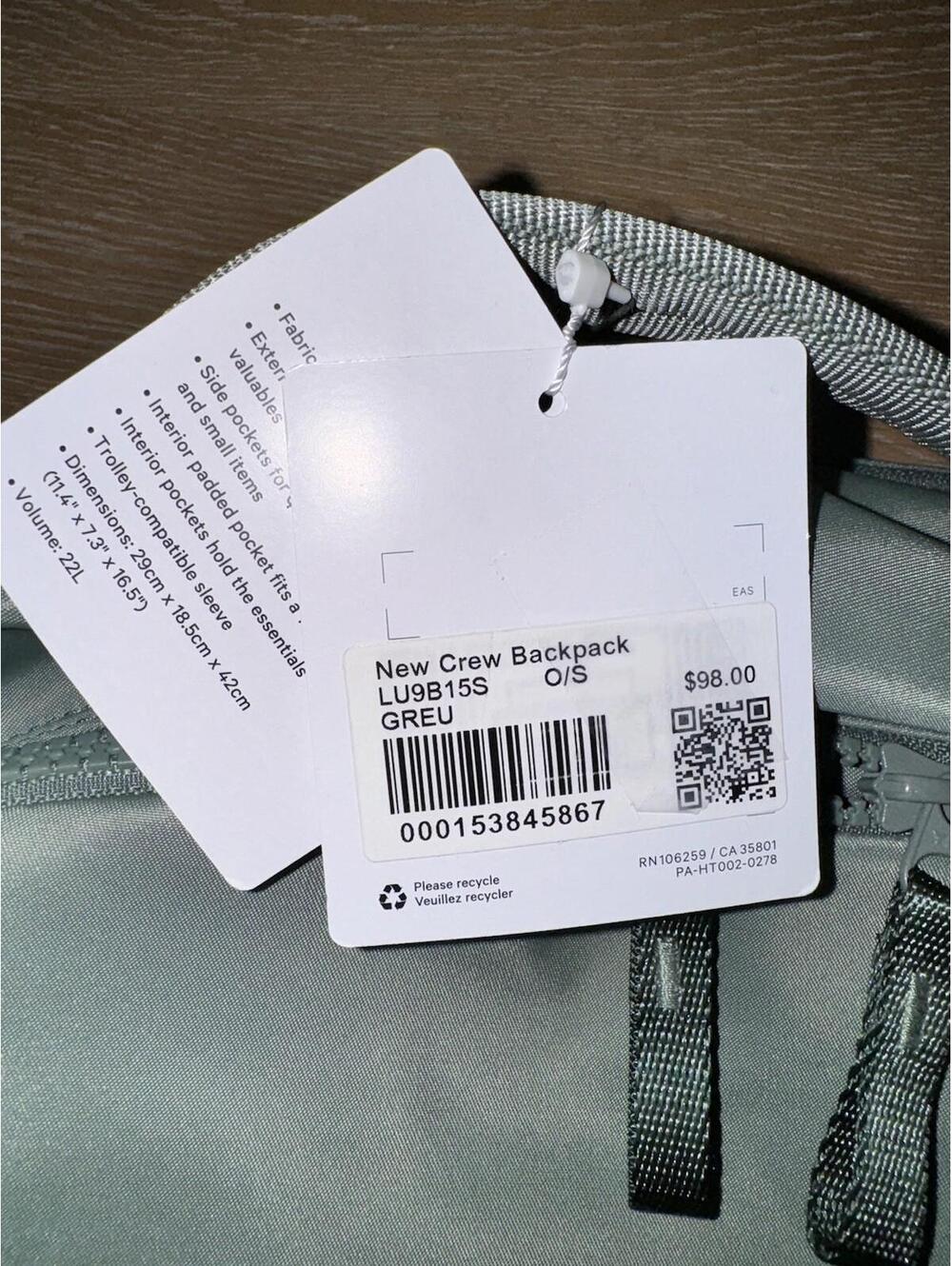 Lululemon New Crew Backpack 22L Laptop Pocket Grey Eucalyptus NWT - Picture 3 of 8